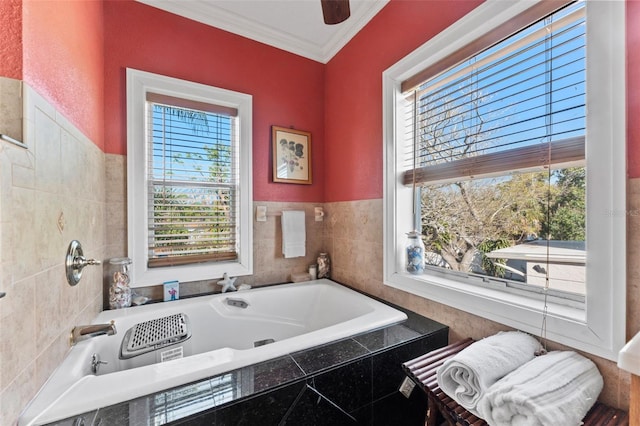 full bathroom with a garden tub, tile walls, and ornamental molding