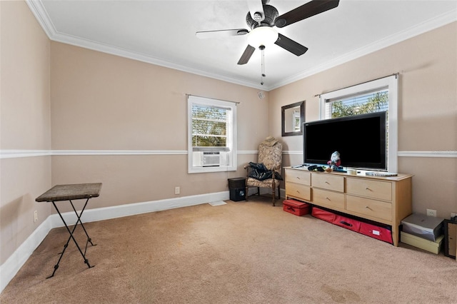 interior space featuring crown molding, cooling unit, carpet, and baseboards