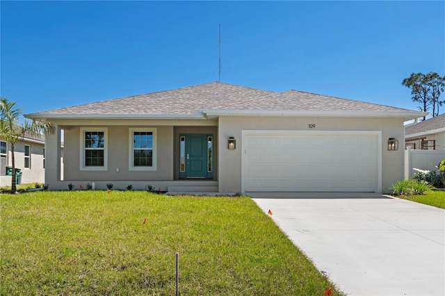 ranch-style home with a garage, a front yard, concrete driveway, and stucco siding