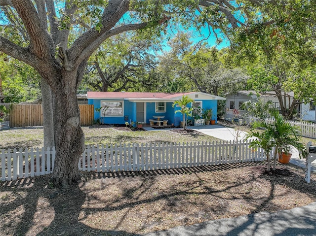 ranch-style home with a fenced front yard