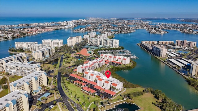 aerial view featuring a water view and a city view