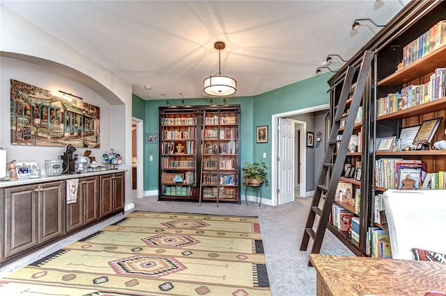 sitting room featuring light carpet, a textured ceiling, and baseboards