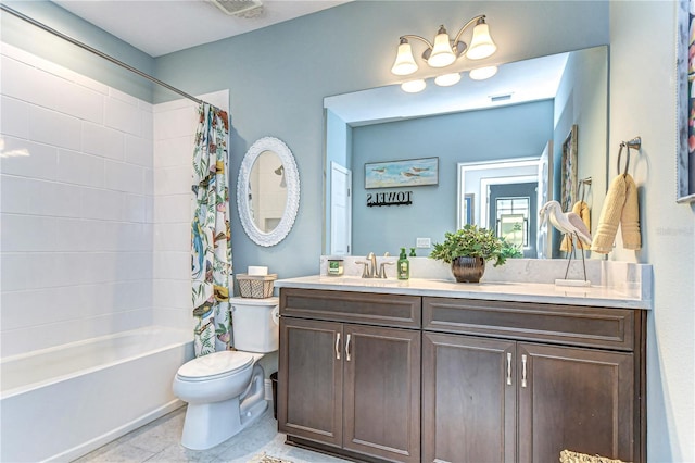 bathroom featuring tile patterned floors, vanity, toilet, and shower / bathtub combination with curtain