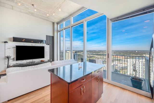 kitchen featuring expansive windows, light wood-type flooring, dark countertops, and a center island