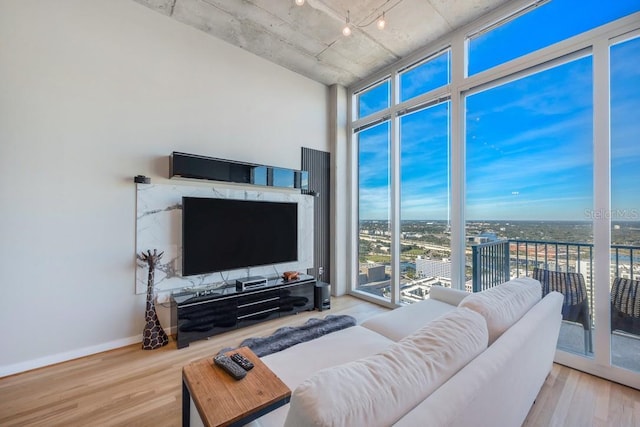 living area featuring a wall of windows, baseboards, and wood finished floors