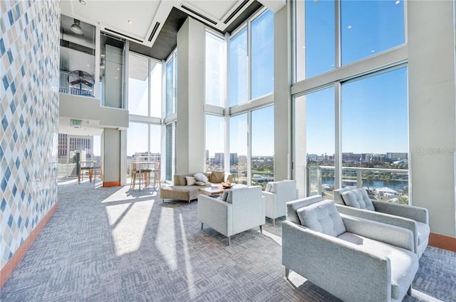 lobby with a view of city and a water view