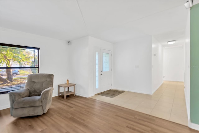 living area featuring light wood finished floors and baseboards