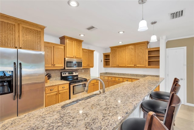 kitchen with decorative light fixtures, open shelves, tasteful backsplash, visible vents, and appliances with stainless steel finishes