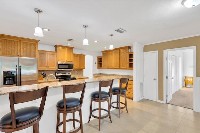 kitchen featuring open shelves, appliances with stainless steel finishes, backsplash, and visible vents