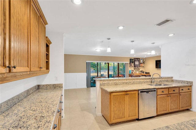 kitchen featuring open shelves, visible vents, stainless steel dishwasher, a sink, and a peninsula