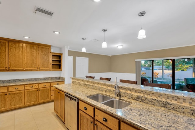 kitchen with visible vents, dishwasher, hanging light fixtures, open shelves, and a sink