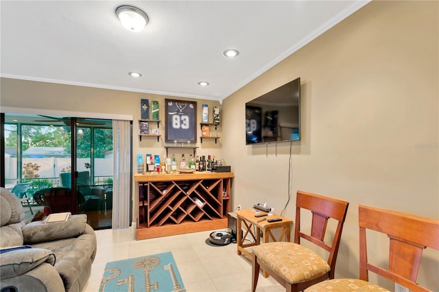 wine cellar with recessed lighting, tile patterned flooring, and crown molding