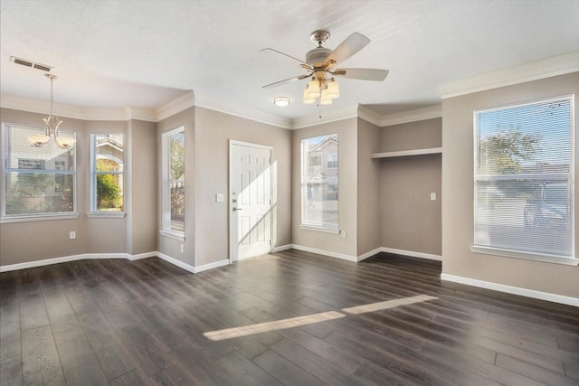 interior space featuring dark wood-style floors, baseboards, visible vents, and ornamental molding