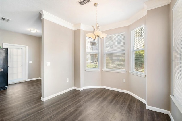 unfurnished dining area with baseboards, crown molding, visible vents, and dark wood-style flooring