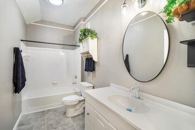 bathroom featuring shower / bathing tub combination, toilet, a textured ceiling, vanity, and tile patterned floors