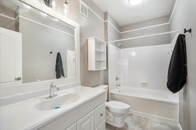 full bath with toilet, tub / shower combination, vanity, and visible vents