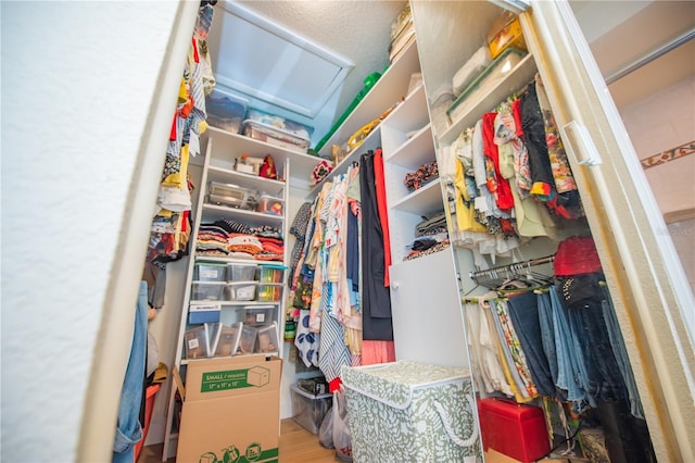 walk in closet with wood finished floors