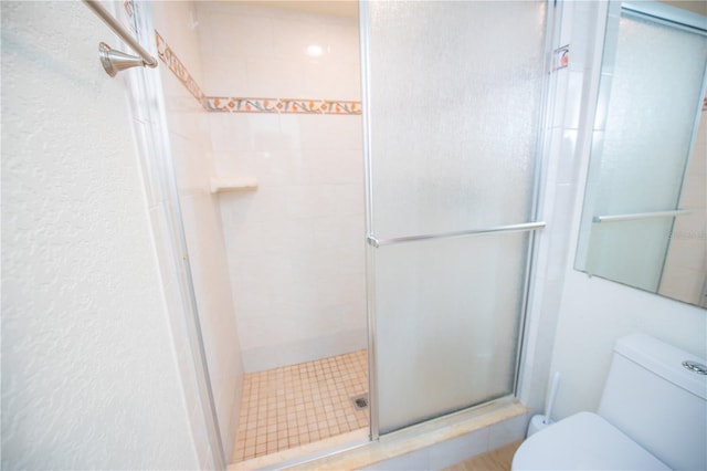 bathroom with a stall shower and toilet