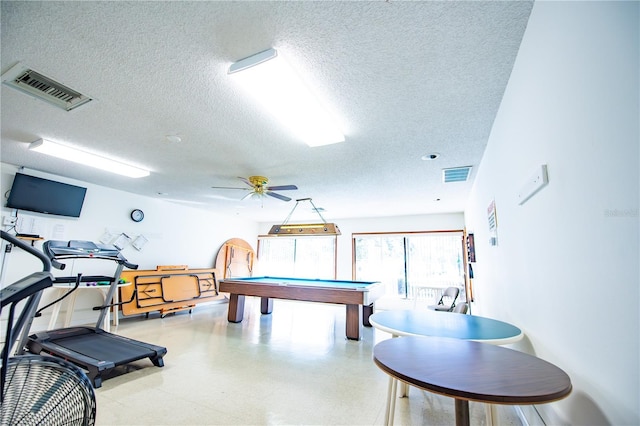 playroom featuring visible vents, billiards, a textured ceiling, and tile patterned floors