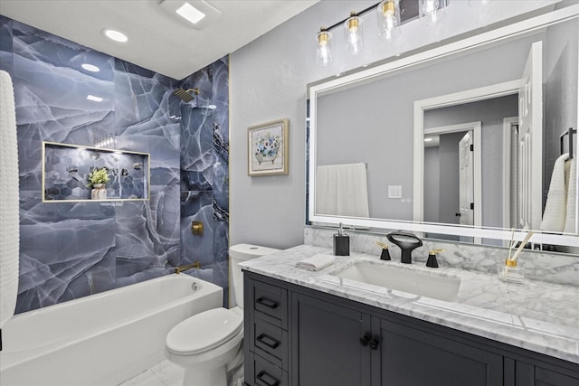 bathroom with  shower combination, vanity, and toilet