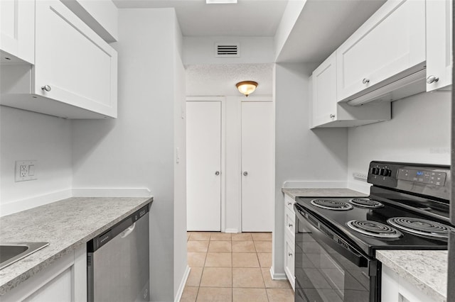 kitchen featuring light tile patterned flooring, white cabinetry, black electric range, light countertops, and dishwasher