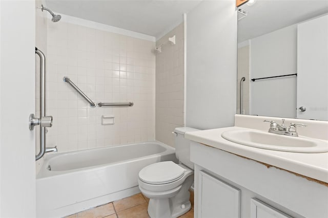 full bathroom with toilet, tile patterned floors, shower / washtub combination, and vanity