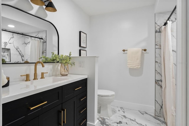 full bathroom with curtained shower, toilet, vanity, baseboards, and marble finish floor