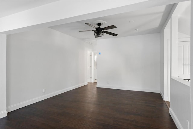 empty room featuring dark wood-style floors, ceiling fan, and baseboards