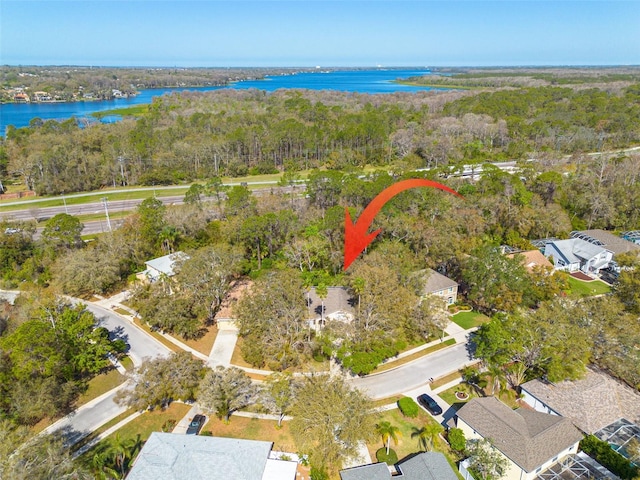 bird's eye view with a water view and a wooded view