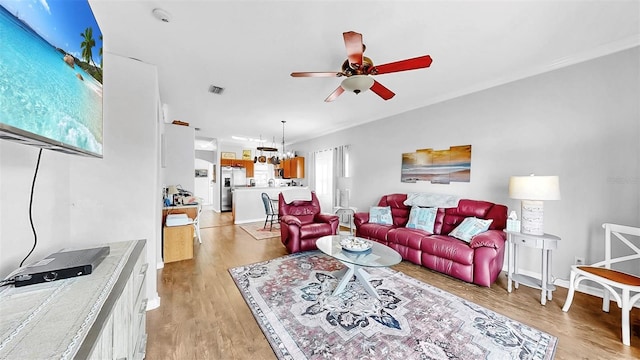 living room featuring ceiling fan with notable chandelier, light wood finished floors, visible vents, and crown molding
