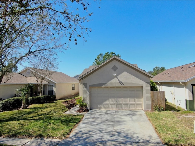 ranch-style home featuring a garage, concrete driveway, a front lawn, and stucco siding