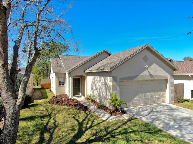 single story home with an attached garage, fence, and stucco siding
