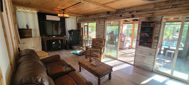 living room featuring beam ceiling, wooden walls, wood ceiling, and wood finished floors