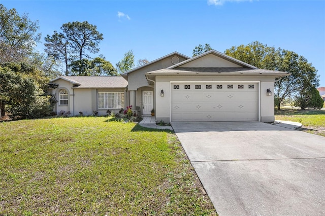 single story home with a garage, driveway, a front lawn, and stucco siding