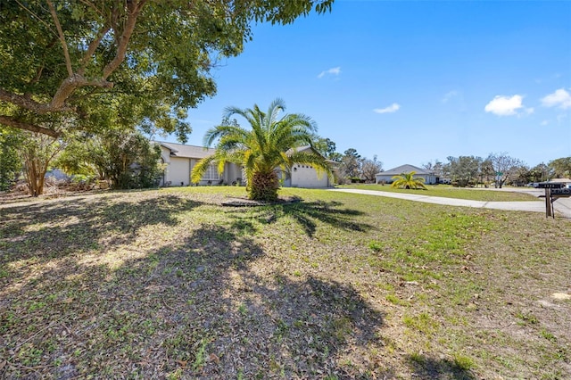 view of yard with concrete driveway and an attached garage