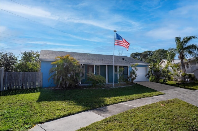 ranch-style home with driveway, a garage, fence, and a front lawn