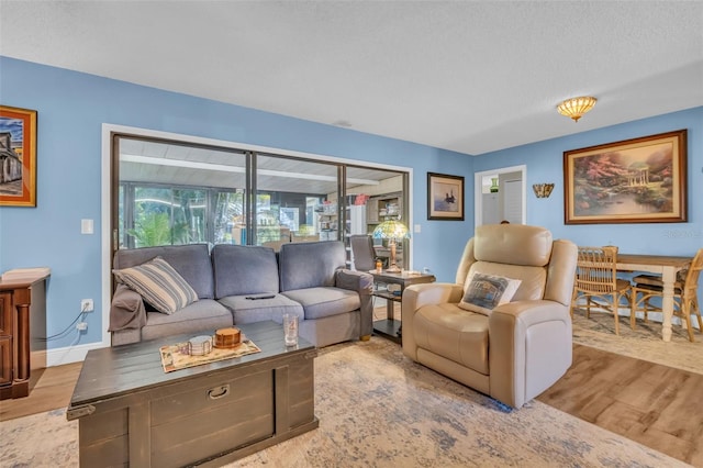 living room featuring baseboards, a textured ceiling, and light wood-style floors