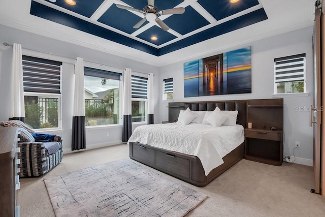 bedroom with carpet floors, ornamental molding, coffered ceiling, and baseboards