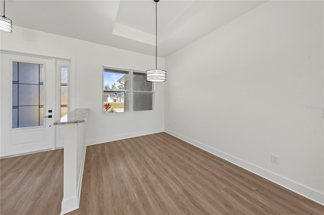 unfurnished dining area featuring baseboards, a raised ceiling, and wood finished floors