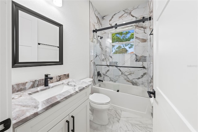 bathroom with marble finish floor, bath / shower combo with glass door, vanity, and toilet