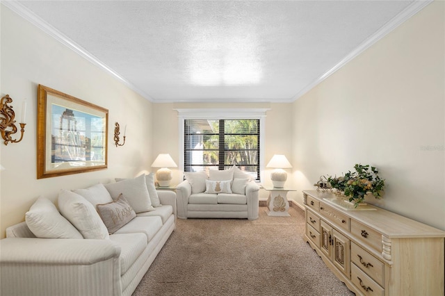 living room featuring a textured ceiling, ornamental molding, and light colored carpet