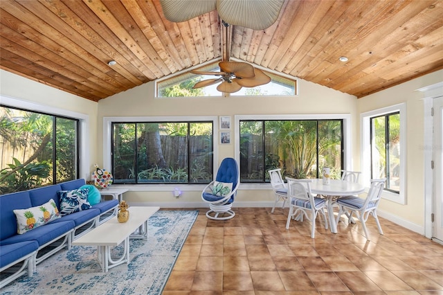 sunroom featuring wooden ceiling, ceiling fan, and vaulted ceiling