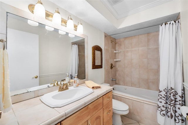 bathroom with crown molding, visible vents, toilet, tiled shower / bath combo, and vanity