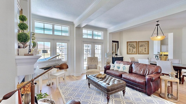 living area with french doors, crown molding, a textured ceiling, and wood finished floors