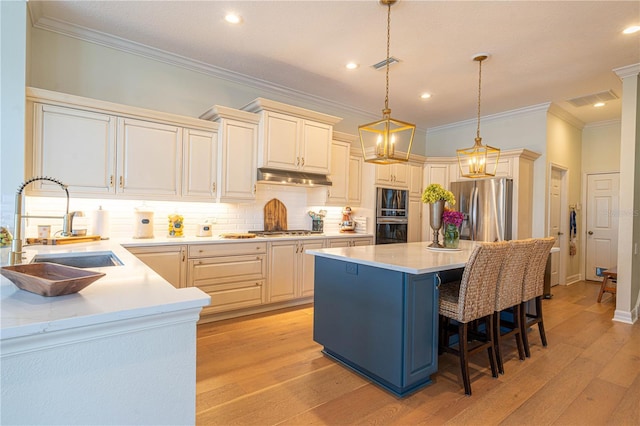 kitchen featuring light wood-style flooring, stainless steel appliances, light countertops, under cabinet range hood, and a sink