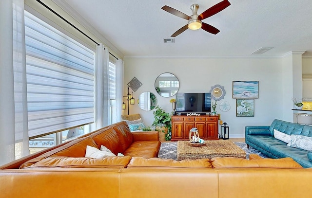 living area featuring ceiling fan, visible vents, and ornamental molding