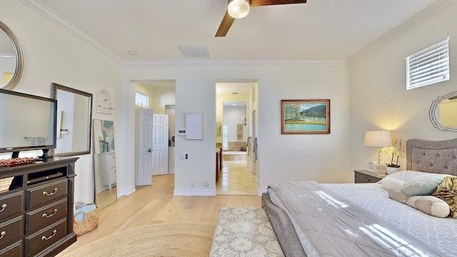 bedroom featuring ceiling fan, light wood-style flooring, visible vents, baseboards, and ornamental molding