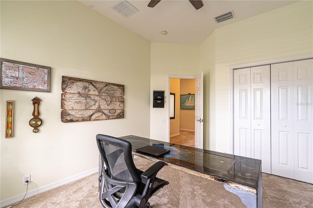 office featuring ceiling fan, visible vents, and carpet flooring