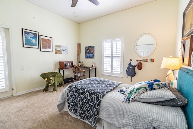 bedroom featuring carpet flooring, ceiling fan, and baseboards