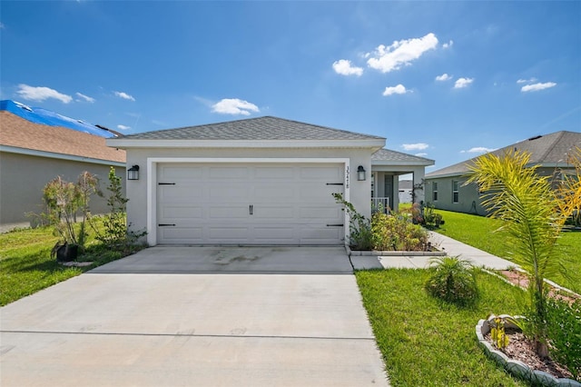 ranch-style home with a garage, a front lawn, concrete driveway, and stucco siding